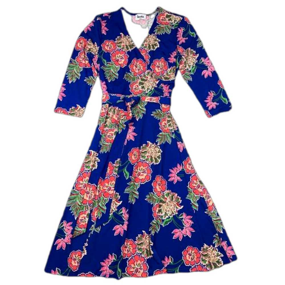 NWOT LEOTA The Perfect Wrap midi dress blue colorful floral women’s size small - Picture 2 of 9